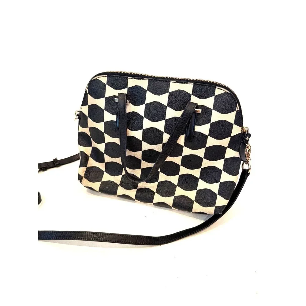 Kate Spade Bow Tile Maisie Satchel Handbag Top Zip Black Beige